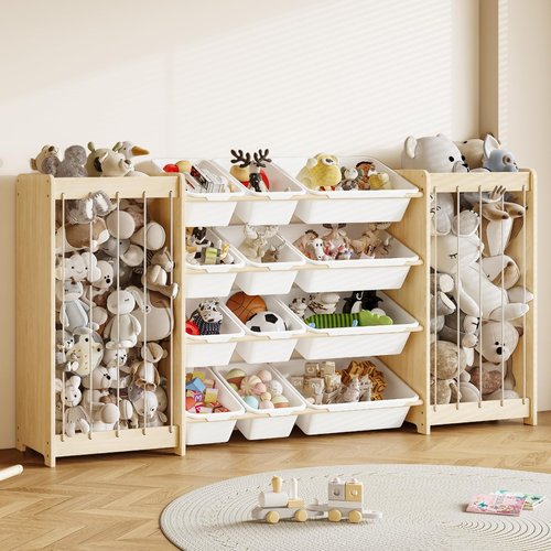 EXPERLAM Large Toy Storage Organizer, Wooden Stuffed Animal Storage & 12-Bins Toy Organizer, Double-Sided Plush Toy Holder Featuring Thicker Ropes, Space Save Playroom Nursery Bedroom Storage, White