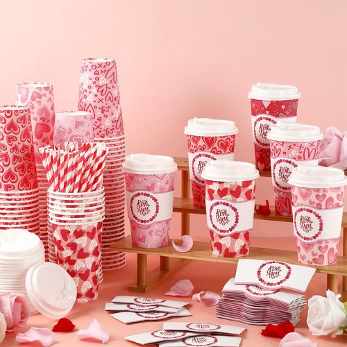 Jingmore 48 Sets 16oz Disposable Paper Coffee Cups with Lids Sleeves Straws Holiday Paper Drinking Cups Bulk for Hot Cold Beverages Home Business Cafe Birthday Party Supplies (Hearts)