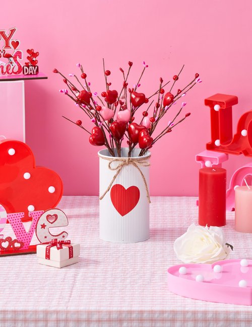 KIVIVO Valentines Day Centerpieces for Tables, Valentines Table Decor with 1 Printed Heart White Metal Vase, 4 Pcs Heart Artificial Flowers, Valentine's Day Table Decorations Indoor for Home, Kitchen