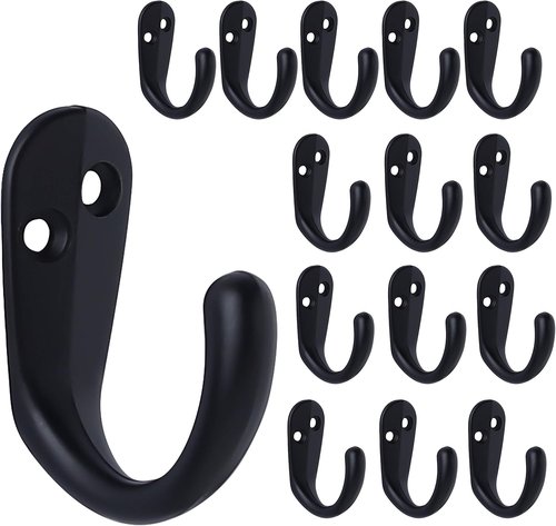 IBosins Coat Hooks - 15PCS Wall Mounted Single Prong Robe Hooks with 30 Screws for Bags, Hats & Scarves | Black