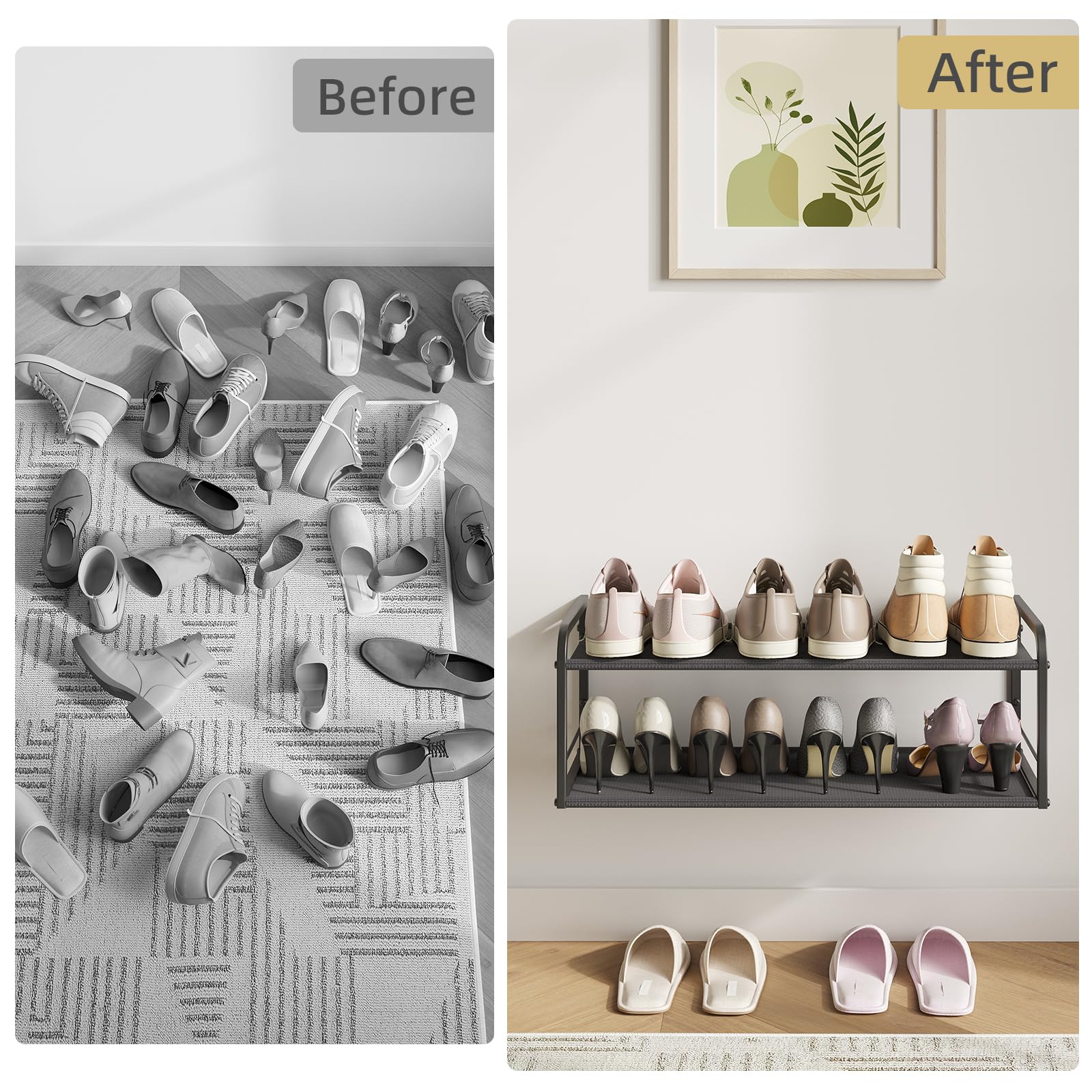 NANAGIFTREE Wall Mounted Shoe Rack, Carbon Steel Shoe Organizer with Removable Oxford Cloth, Non-Slip Space-Saving for Entryway Closet Bedroom, Black