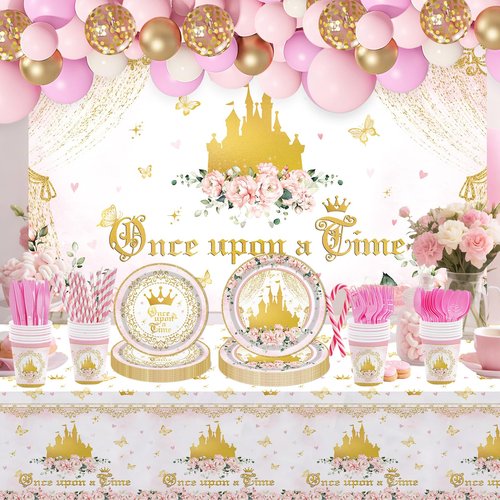 AIBIIN 3Pcs Princess Birthday Party Tablecloths Once Upon a Time Table Cover Floral Gold Castle Party Decorations for Girls Women Birthday 108 x 54 Inch