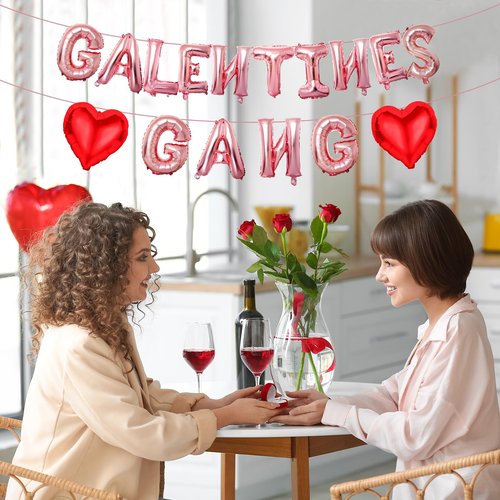 Happy Galentines Day Balloons Decorations, 16 Inch Red Pink GALENTINES GANG Banner Heart Shape Foil Balloons for Girls Birthday Engagement Party Valentines Day Decorations