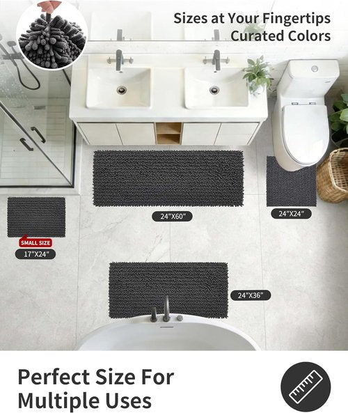 ILANGO Bathroom Rugs Dark Grey 24x17,Extra Soft Absorbent Chenille Bath Rugs,Thick Non-Slip Shaggy Bath Mat,Machine Washable Quick Dry Bath Mats for Bathroom Floor, Tub, Shower Accessories