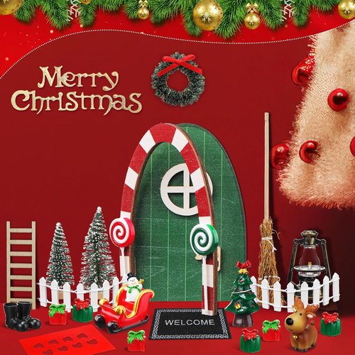 Gerrii Miniature Green Christmas Elf Fairy Door Kit - 25 Pcs Enchanted Decor for Dollhouses & Rooms