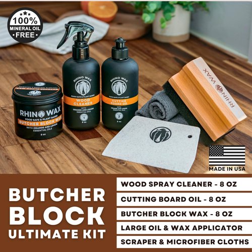 Rhino Wax Butcher Block Ultimate Care Kit - Includes Cutting Board Oil, Wax, Wood Spray Cleaner, Bench Scraper, LG Applicator, 3 Cloths - for Butcher Block Countertops and Large Cutting Boards