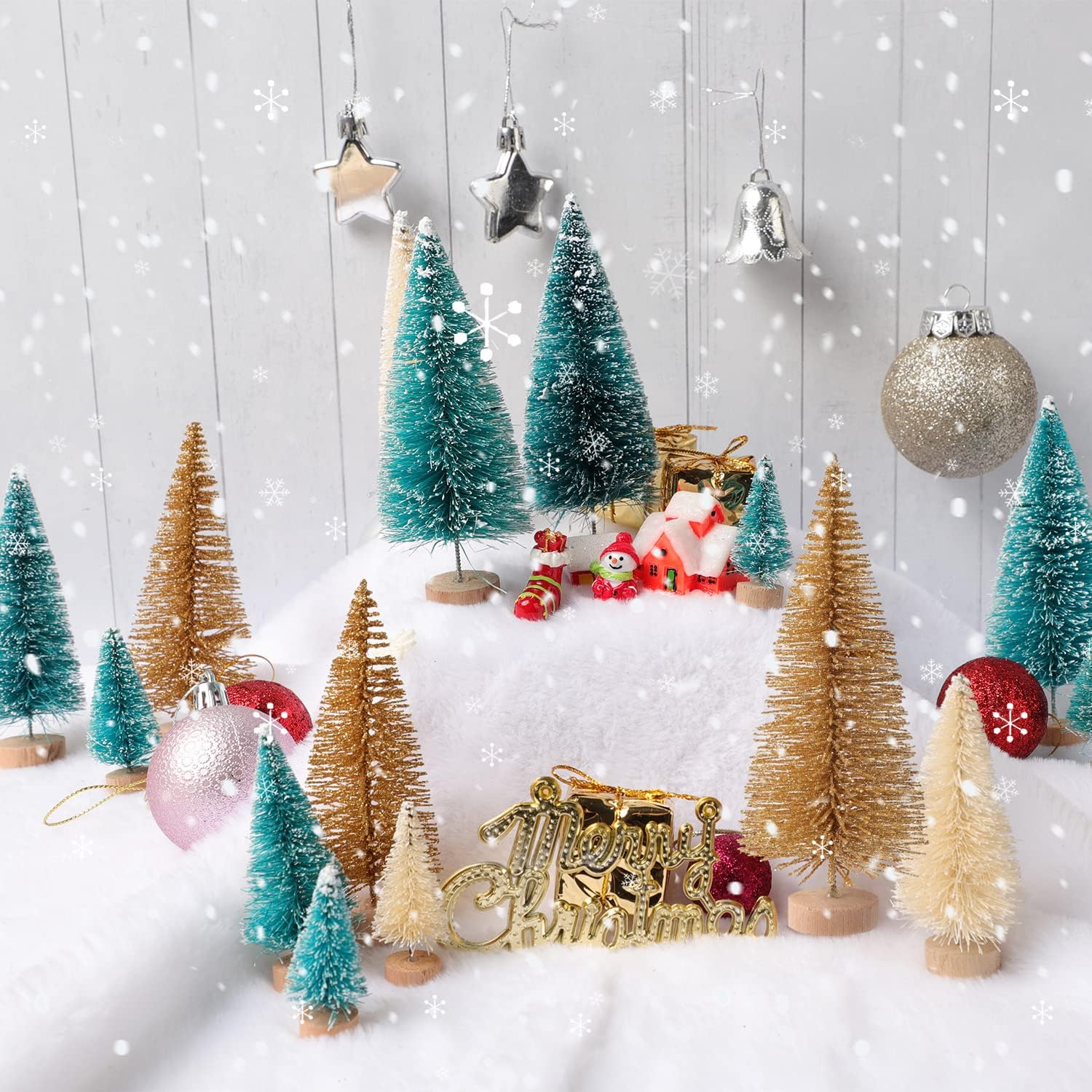Skiennix Mini Christmas Trees - 30 Pcs Artificial Bottle Brush Trees with Wooden Base | 5 Sizes for Holiday Decor