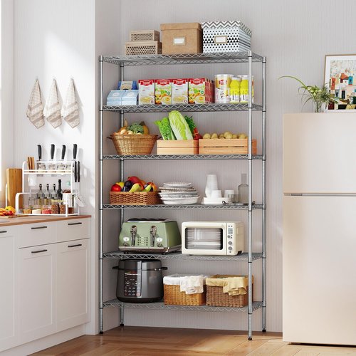 BestOffice | Heavy-Duty 6-Tier Wire Storage Shelves with Wheels | Adjustable Chrome Racks | 18x45x82 | Holds Up to 2100 lbs | Easy No-Tool Assembly for Home & Garage