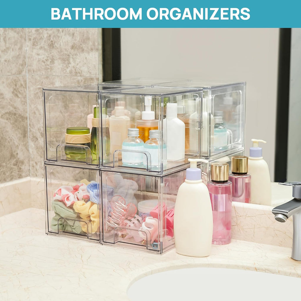 Vtopmart Stackable Storage Drawers - 4 Pack Clear Acrylic Organizers for Bathroom & Kitchen | 6.6'' Tall