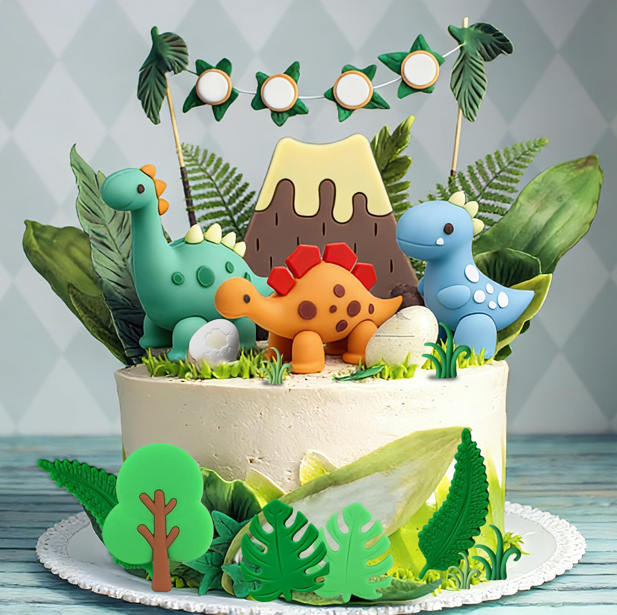 Simpfo-27 PCS Dinosaur Cake Topper, Birthday Decorations Set with Dinosaur Eggs, Jungle Leaves - Reusable Dinosaur Cake Decorations for Kids, Dino Theme Party Supplies for Boys Girls Toddler（Simpfo）