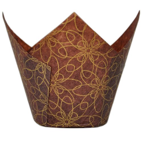 MyBakning (JUMBO Large size) Brown Golden pattern Tulip Baking Cups 2-1/4"(Base diameter) x 3-3/4"(Wall height) Greaseproof paper Muffin liners, Case of 130 pcs