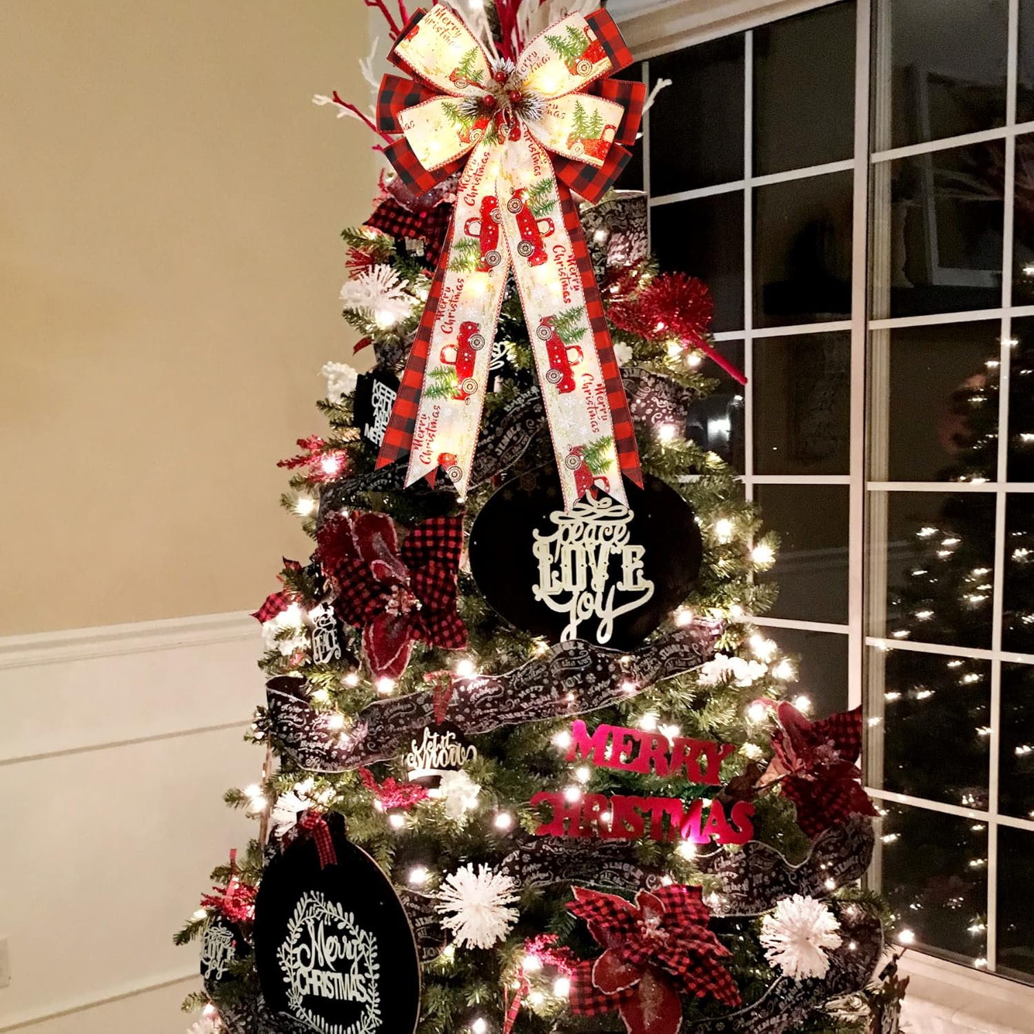 Regine Switzerland Christmas Tree Topper Bow - 30 LED Lights, 13”x25” Rustic Red Black Buffalo Plaid Decor