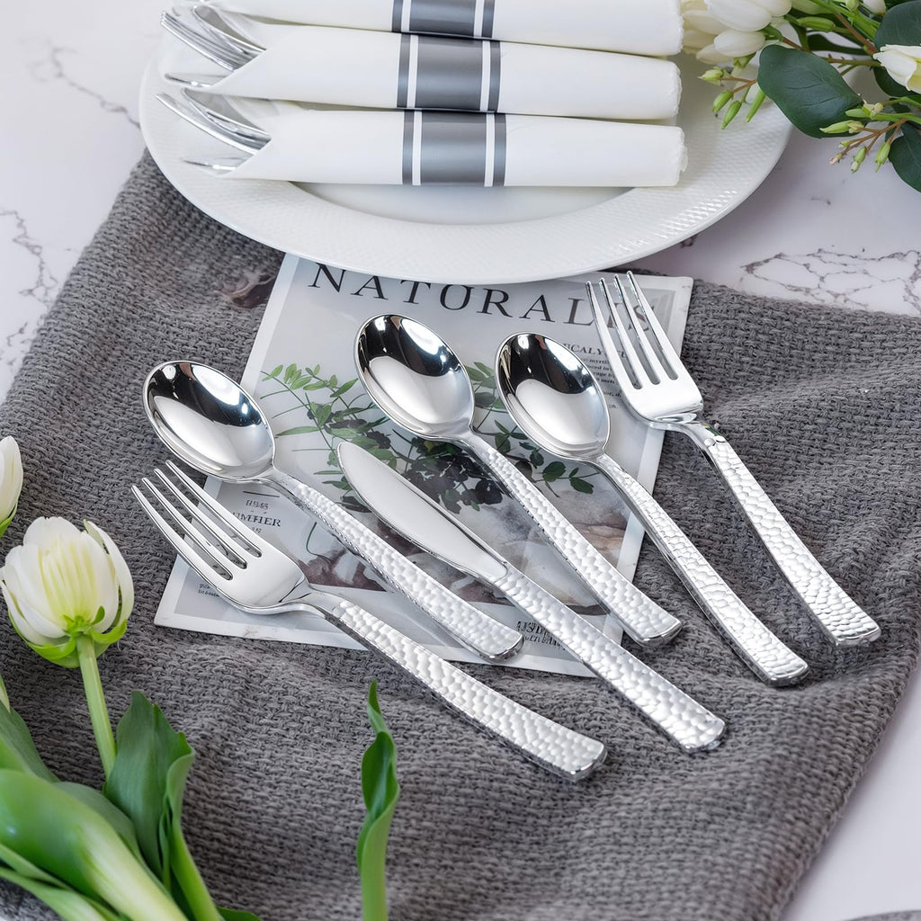 WELLIFE 75 Pack Silver Plastic Silverware,Pre Rolled Silverware Set Disposable,Disposable Cutlery Includes: 75 Forks, 75 Knives, 75 Spoons, 75 Napkins,Plastic Utensils for Party and Wedding