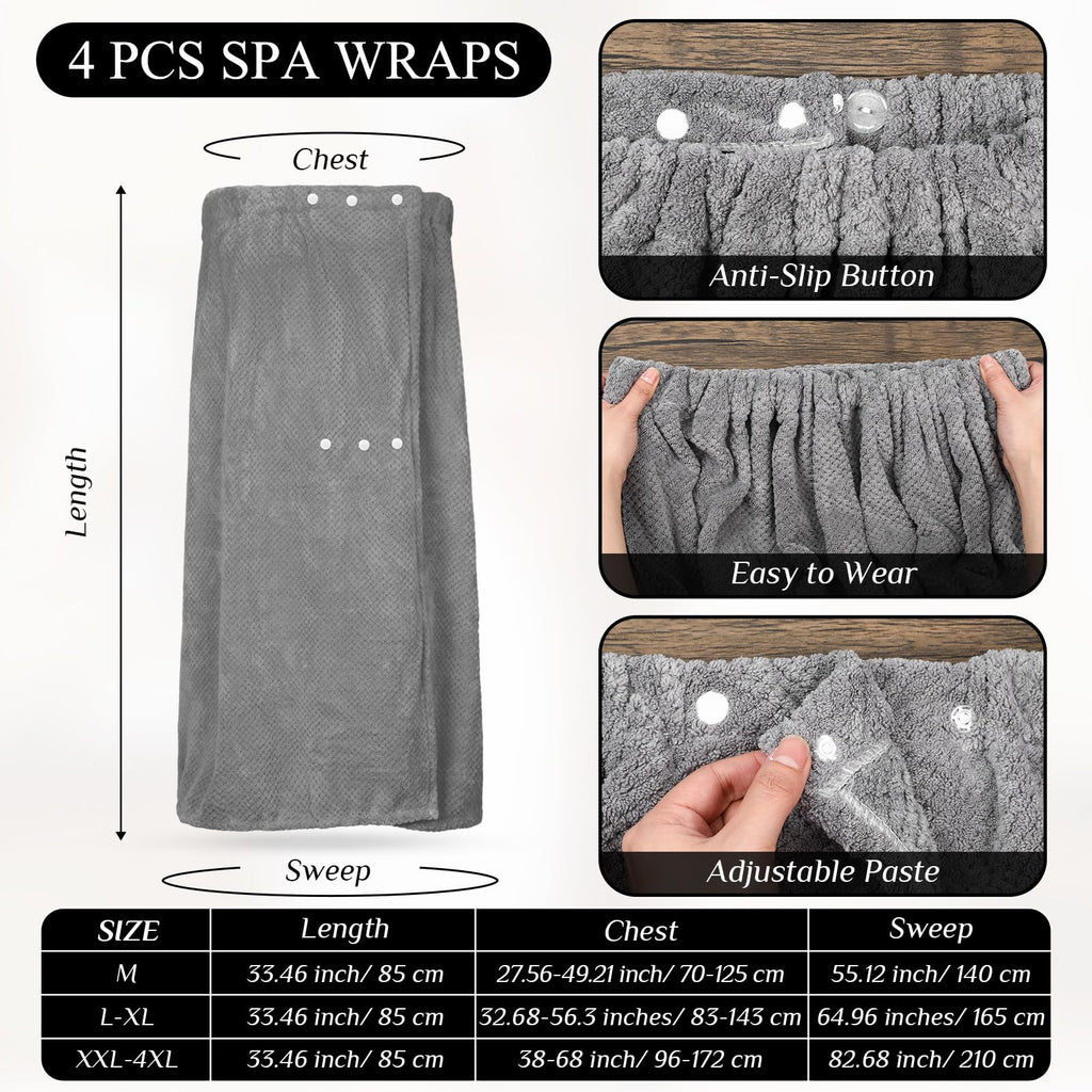 Tigeen 4 Pcs Spa Wrap Towel Wrap for Women Spa Robe with Adjustable Closure Elastic Top Lightweight Wraps for Bath Shower (Black,L-XL)
