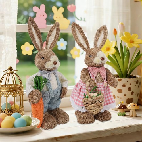 DR.DUDU Easter Decorations - Set of 2 14" Sisal Bunny Figurines with Carrot & Egg for Spring Home Decor