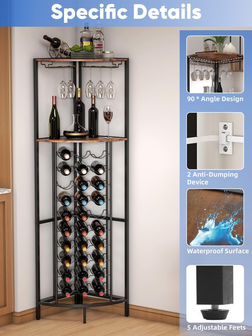 Qriocioa Corner Wine Rack with Led Strip Light Freestanding Floor with Wine Glass Holder 30 Bottle Wine Holder Rack Industrial Corner Liquor Cabinet Bar for Home Bar Kitchen Living Room (Rustic Brown)