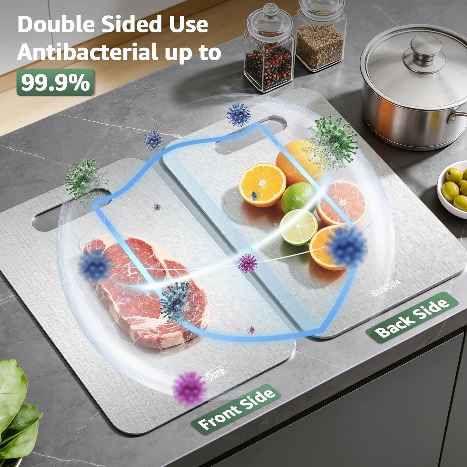 Stron-Dura Cutting Board, Stainless Steel Cutting Board, Foodgrade Cutting Boards for Kitchen, Titanium Cutting Board for Meat,Fruit, Vegetables, Double Side Use, Odor free, L, 15" *11"
