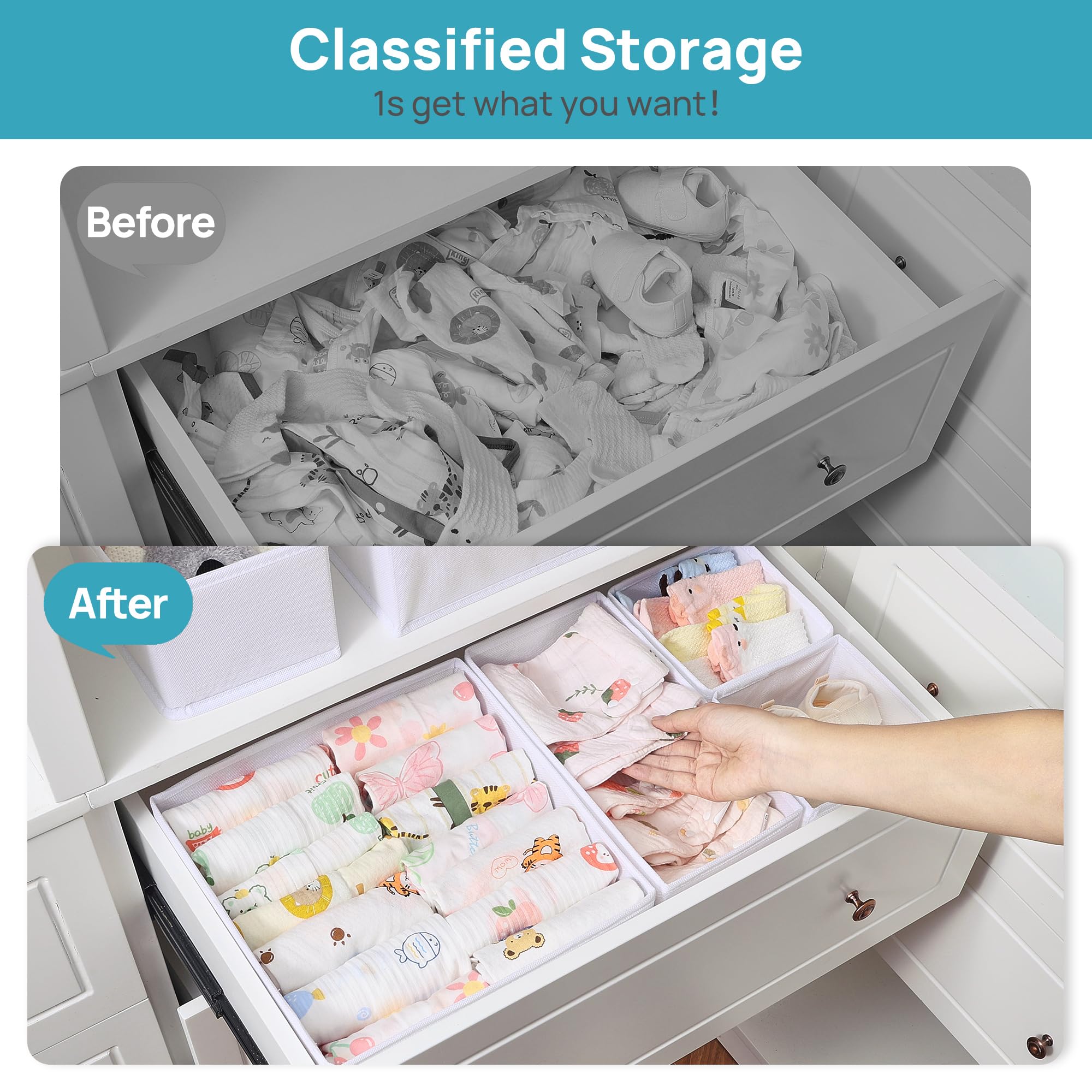 Vtopmart 12 Pack Baby Clothes Organizer, Dresser Drawer Organizer for Baby Clothing, Foldable Fabric Closet Drawer Storage Bins, Nursery Dresser Dividers for Bra, Socks, Ties, Scarf