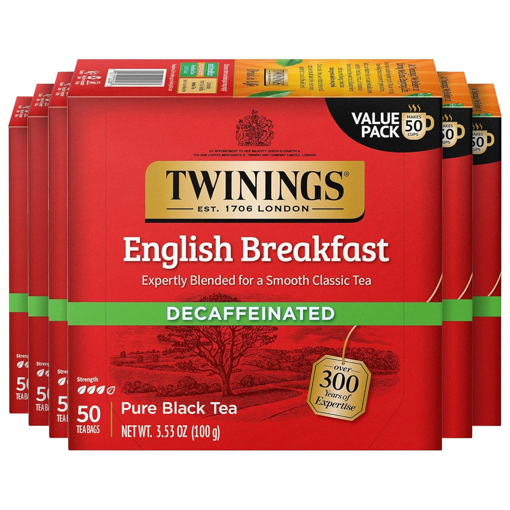 Twinings Decaffeinated English Breakfast Black Tea Bags - Flavorful & Robust | 50 Count (Pack of 6)