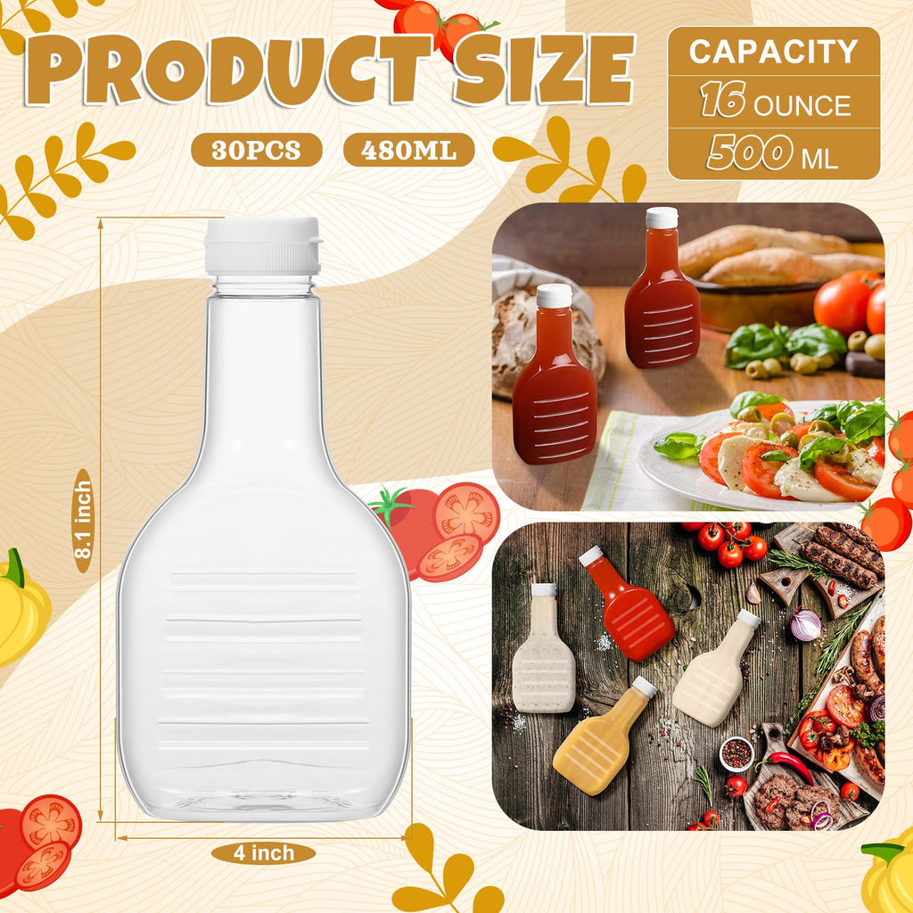 Roshtia 30 Pack 16oz Clear Plastic Salad Dressing Bottles Bulk Empty Squeeze Bottle with White Flip Top Cap for BBQ Condiment Sauce Ketchup Salad Dressing