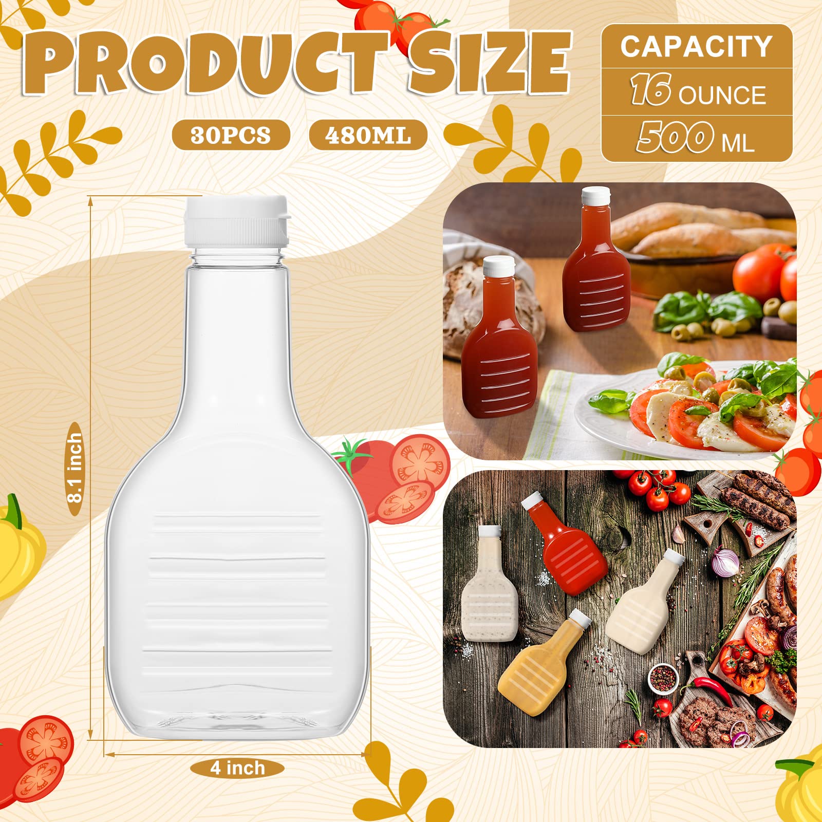 Roshtia 30 Pack 16oz Clear Plastic Salad Dressing Bottles Bulk Empty Squeeze Bottle with White Flip Top Cap for BBQ Condiment Sauce Ketchup Salad Dressing