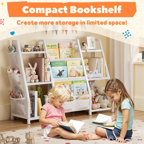 GoTiling Kids Bookshelf and Toy Storage Organizer, Triangle Frame with Extra Wide 3-Tier Sling Pockets, Freestanding Montessori Book Display Rack for Toddler Room, Nursery, and Playroom, White