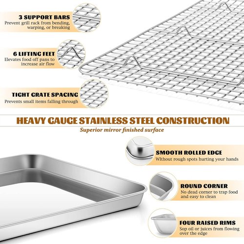 E-far Half Sheet Baking Pan Set - 18”x13” Stainless Steel Cookie Sheet with Cooling Rack | Dishwasher Safe