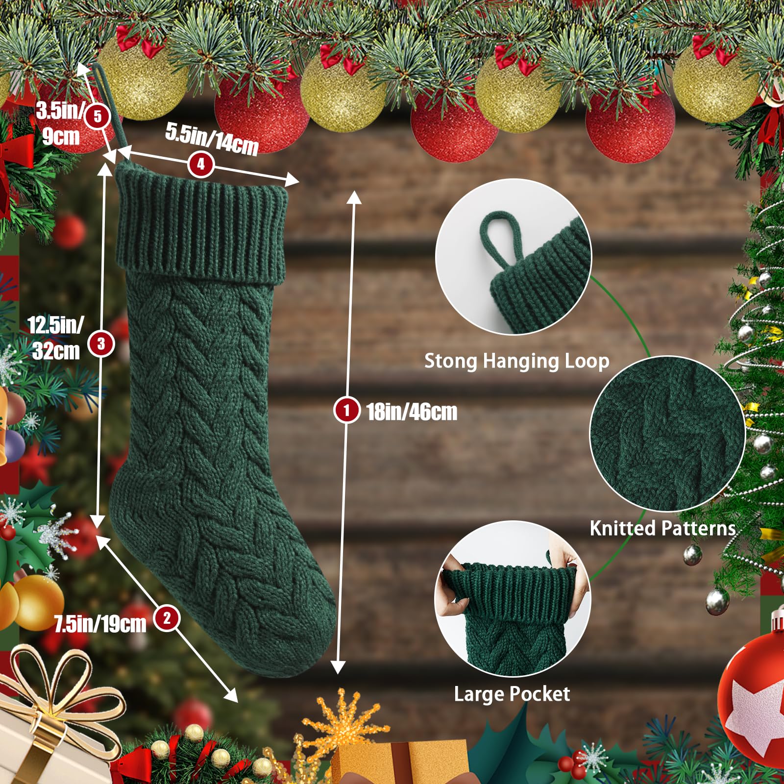 meioro 18 Inches Christmas Stockings, Large Size Cable Knit Christmas Stocking, Fireplace Hanging Xmas Stocking for Holiday Family Party Decoration with Greeting Card(Green)