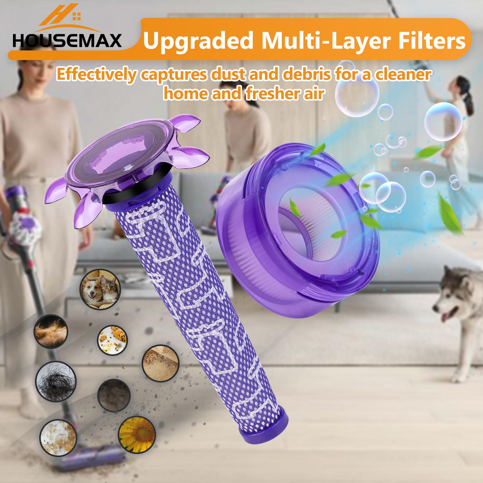 HOUSEMAX Upgraded V8 Filter Replacement Kit Compatible with Dyson V8 SV25 / V8 Animal Extra / V7 SV37 Cordless Vacuum Replaces Parts #965661-05 & #967478-05