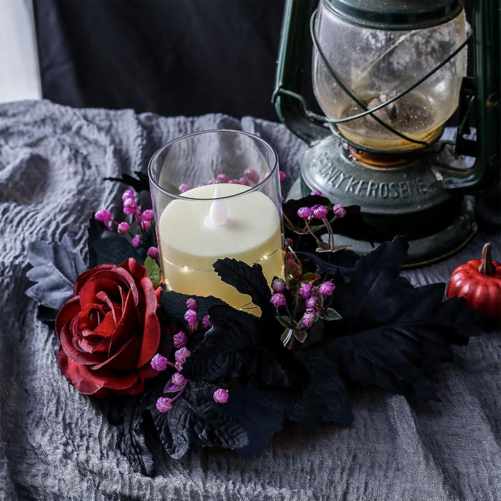 Regine Switzerland Halloween Candle Rings - Artificial Maple Leaf & Rose Flower Wreath | Festive Table Centerpiece Decor