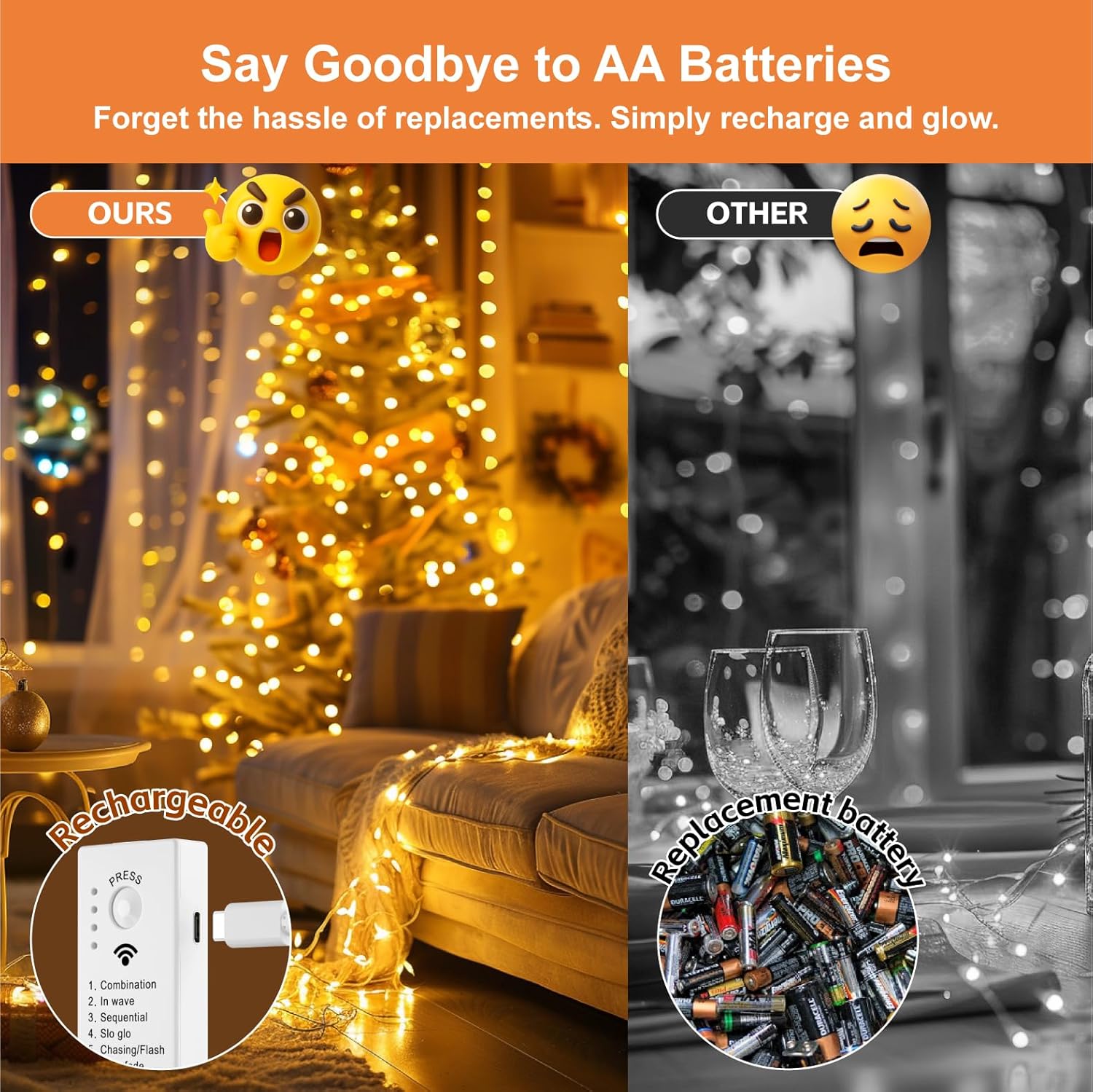 Skiennix 4 Pack Rechargeable Fairy Lights - 16FT 50 LED Indoor String Lights | 8 Modes & DIY Timer, Warm White