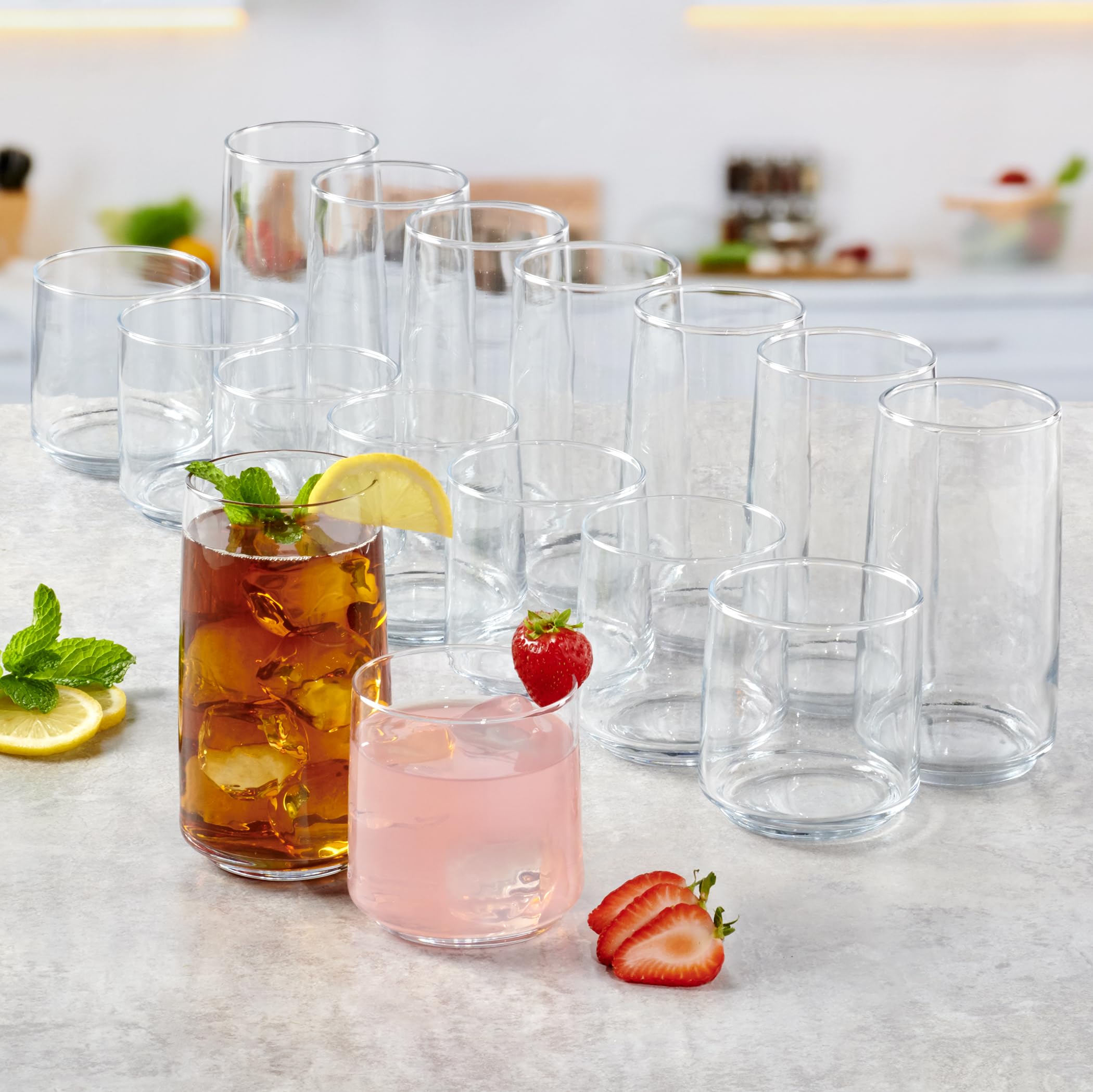 Anchor Hocking Finlandia Drinking Glasses, 16 Piece Set, (8) 12 Ounce, (8) 16 Ounce, Clear Glass