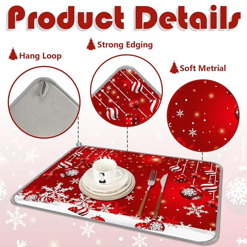 Christmas Dish Drying Mat 18 x 24 Inch - Red Snowflake Ball Absorbent Kitchen Counter Mat