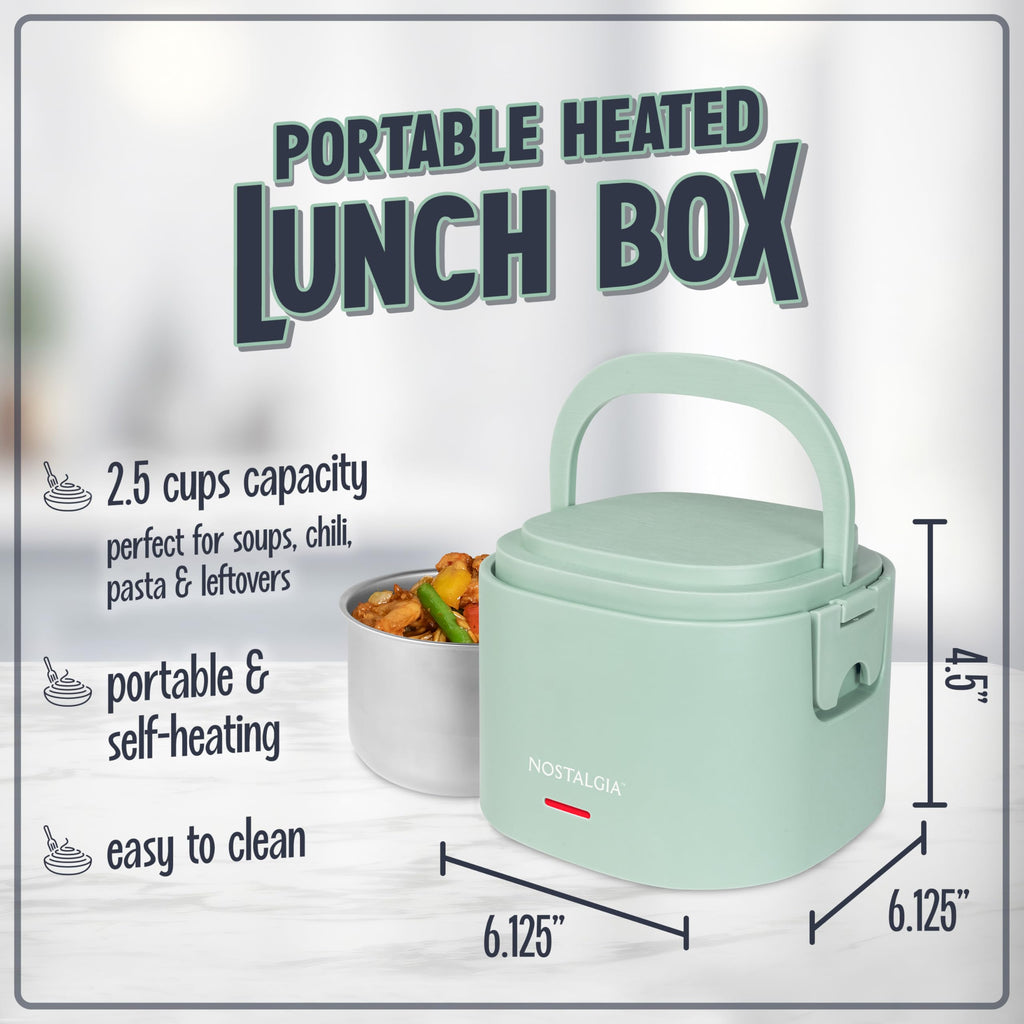 Nostalgia Portable Heated Lunch Box – 2.5-Cup Stainless Steel Food Warmer – Detachable Cord, Leak-Proof Lid, Carry Handle – Portable for Work & Travel – Sage
