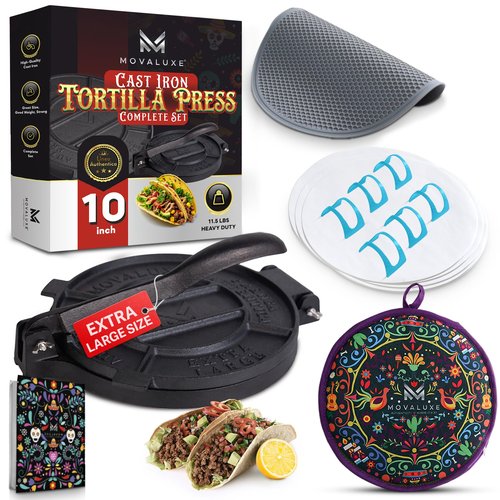 Movaluxe® Linea Authentica 10-Inch Heavy Duty Cast Iron Tortilla Press – Premium Corn & Flour Tortilla Maker System with Warmer Pouch, Taco Holders, Parchment Paper & Essentials