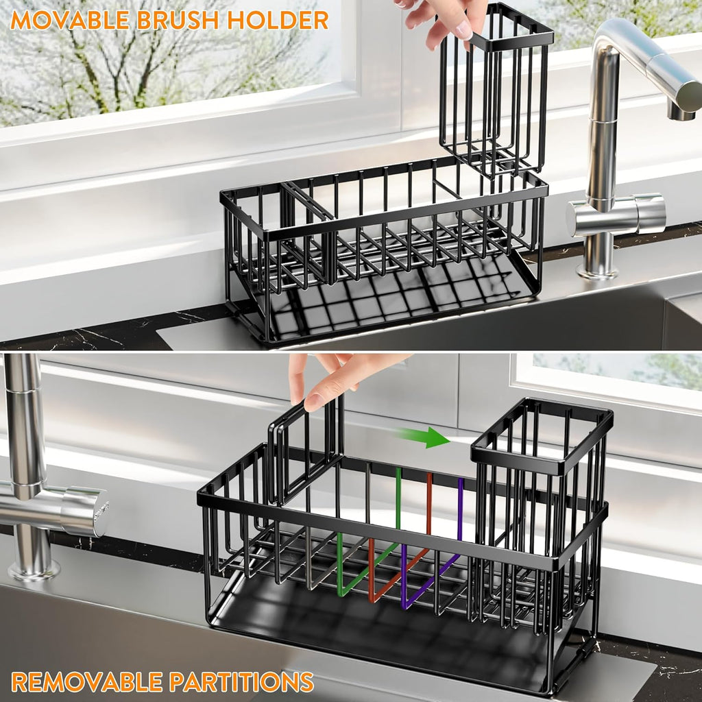 Cisily Extra Large Kitchen Sink Caddy Organizer - Rustproof 304 Stainless Steel with Brush & Sponge Holder