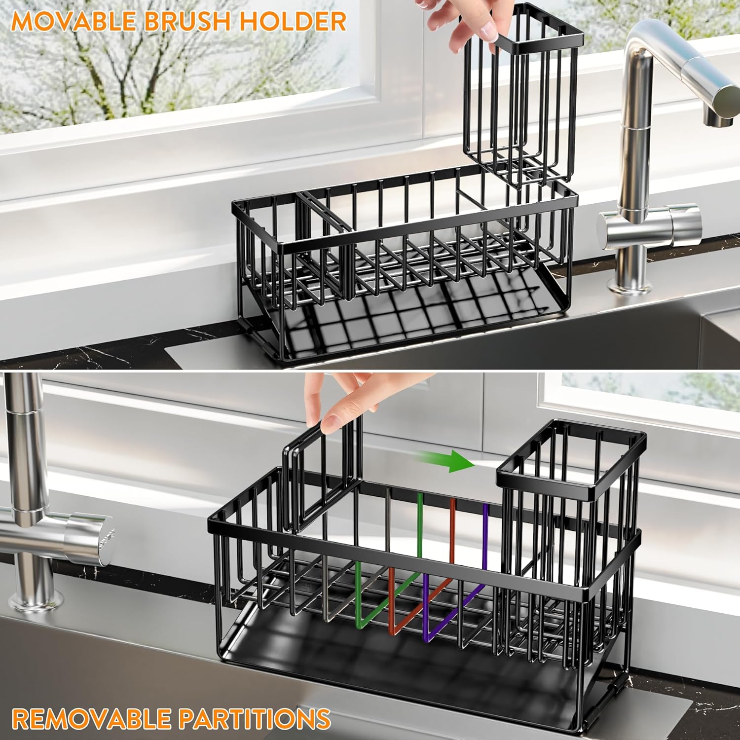 Cisily Extra Large Kitchen Sink Caddy Organizer - Rustproof 304 Stainless Steel with Brush & Sponge Holder