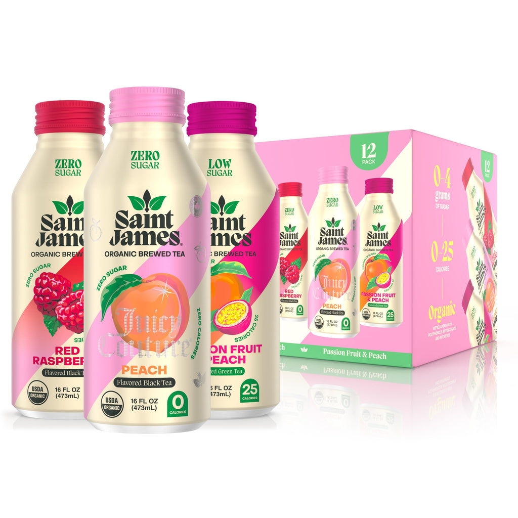 Saint James Iced Tea - Organic Black & Green Tea - Non GMO, Gluten Free, Low Calorie & Low Sugar - Party Variety Pack, 12 Pack (16 fl oz each)