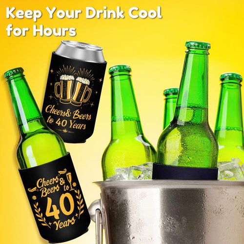 40th Birthday Party Decorations Can Cooler Sleeves, Neoprene Can Sleeves for 12 oz Cans & Bottles, 12 Pack Black and Gold 40th Birthday Gift for Men & Women, 4 Design