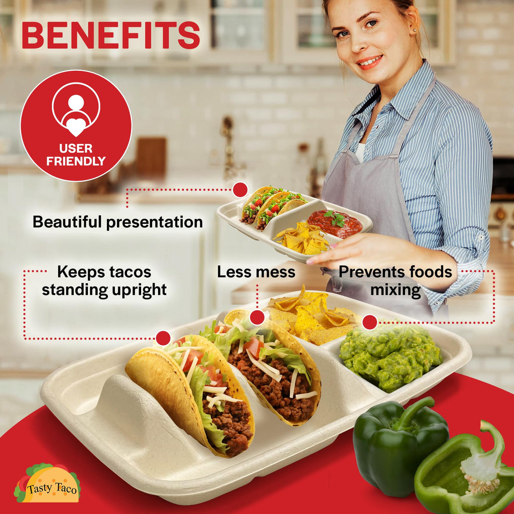 Disposable Taco Plates for 2 Tacos & 2 Sides – 25 PACK | Premium Paper Plates with Dividers, Fiesta Taco Holder, Taco Stand for Taco Tuesday & Taco Bar Serving Set Taco Plates (25 Plates) (Beige)