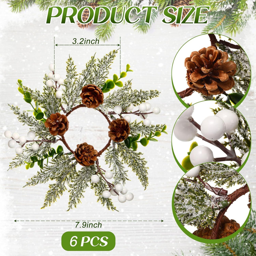 Vercraft 6-Piece Christmas Candle Rings - Snowy Pine Garland with White Berries & Pine Cones | Festive Home Decor