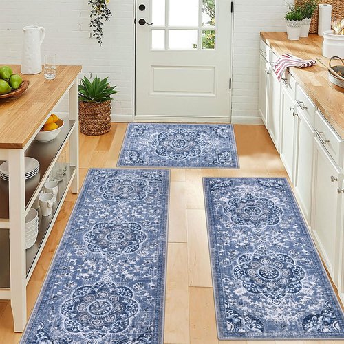 Ileading Boho Kitchen Rugs Sets 3 Piece with Runner Floral Kitchen Floor Mat Carpet Large Farmhouse Kitchen Rugs and Mats Non Skid Washable Runner Rug for Kitchen Floor Office Sink Laundry, Blue