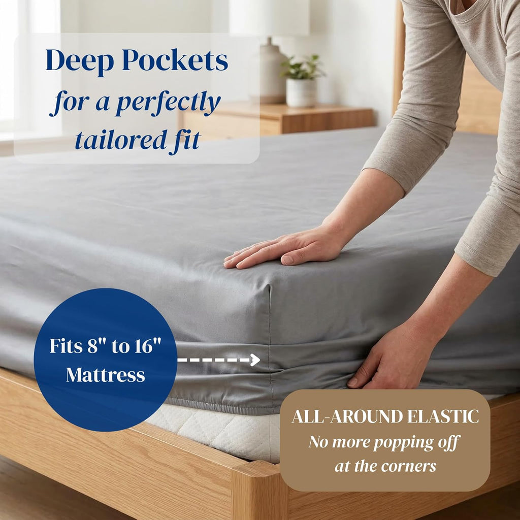 Beckham Hotel Collection Queen Sheets Set - 100% Cotton Sateen, Silky Smooth & Soft, 16” Deep Pocket, Gray