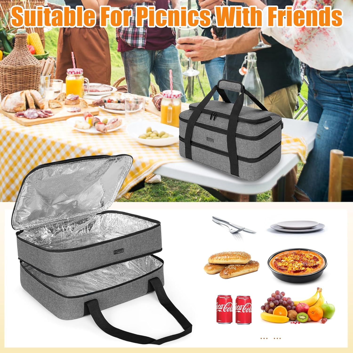 Trunab Insulated Casserole Carrier - Thermal Tote Bag for Hot or Cold Food | Fits 9" x 13" Dishes, Grey