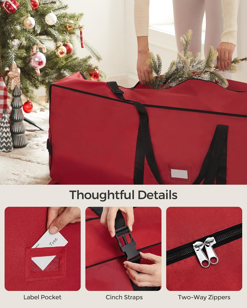 SONGMICS Christmas Tree Storage Bag - Rolling Design with 1.6-Inch Wheels | Fits Up to 7.5 ft Trees, Cherry Red