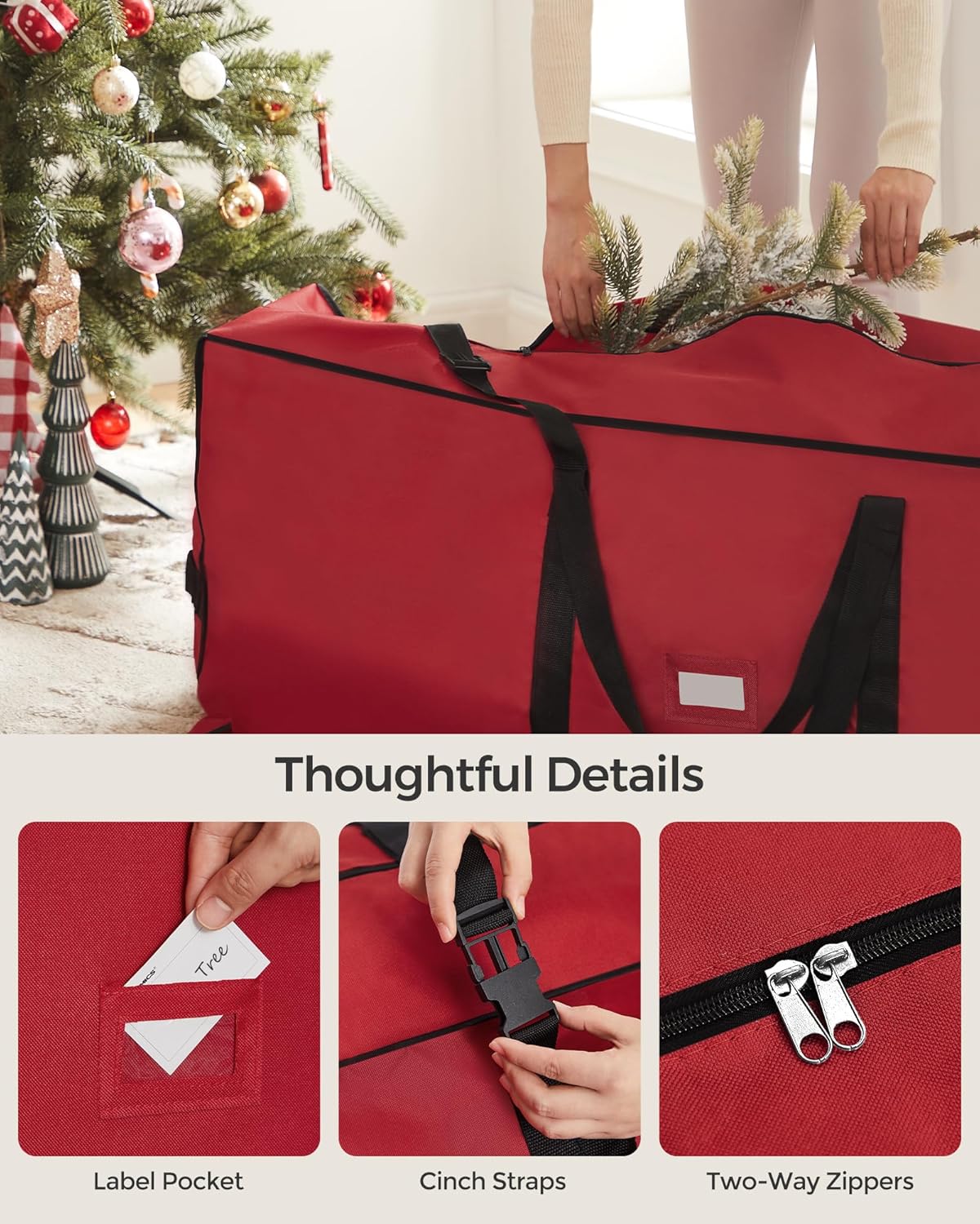SONGMICS Christmas Tree Storage Bag - Rolling Design with 1.6-Inch Wheels | Fits Up to 7.5 ft Trees, Cherry Red