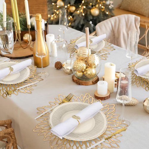 Suttmin 100 Pcs Dinner Placemats and Napkin Rings Bulk with Leaves Napkin Rings and Metallic Round Place Mats Sequin Placemats for Wedding Kitchen Leaf Dining Table Decoration