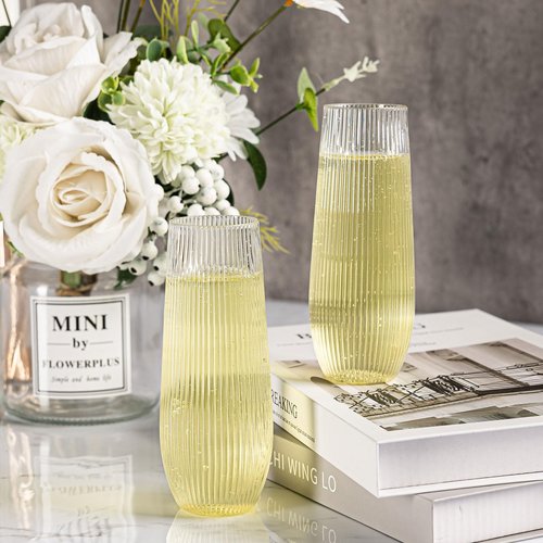 HOMIP 36pcs Clear Plastic Champagne Flutes - 9oz Disposable Champagne Flutes Stemless Toasting Glasses, Ribbed Ripple Design (BPA-Free) for Weddings, Bars & Events - Disposable Party Cups