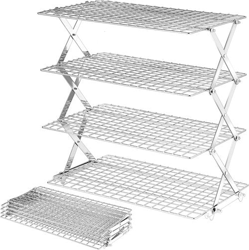 BEWOS 4-Tier Collapsible Cooling Rack - Adjustable Stainless Steel Baking Rack with Leak-Proof Mesh