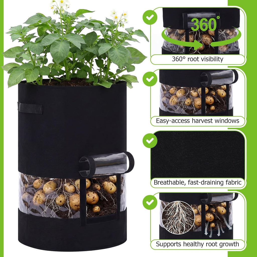 Baderke 30 Gallon Potato Grow Bags - 360° Visibility with Harvest Window & Handles | Black, Perfect for Tomatoes & Vegetables